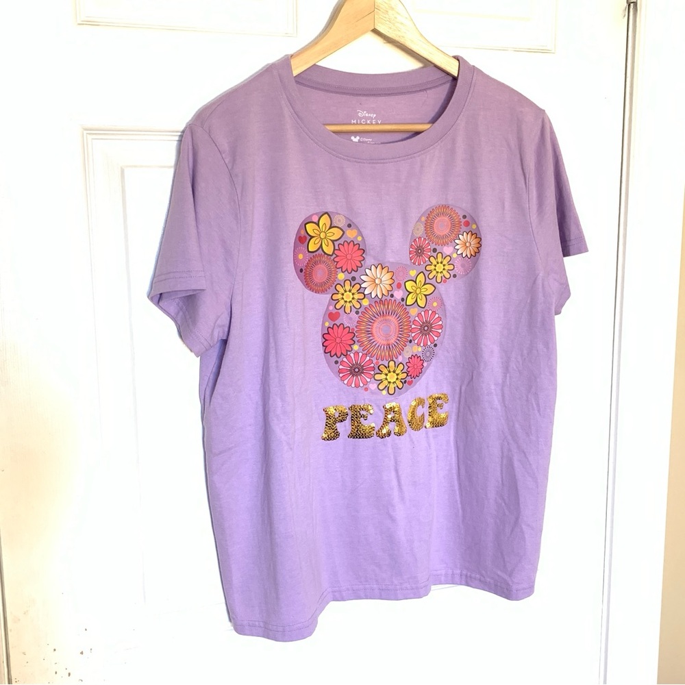 Disney Mickey Mouse Floral Peace Graphic T-Shirt Purple Lavender Women’s Large
